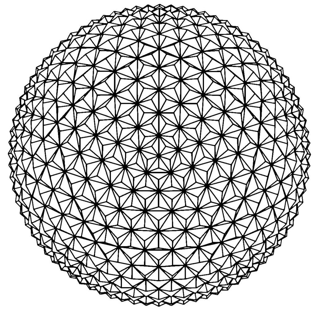 A geometric illustration of a sphere composed of triangular patterns in a black and white design.